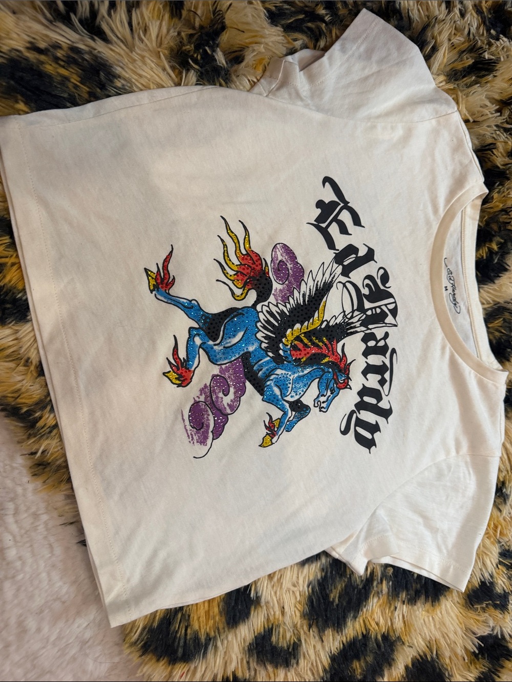 Ed Hardy White Short Sleeve Tee with Blue Pegasus Graphic and Multicolor Accents